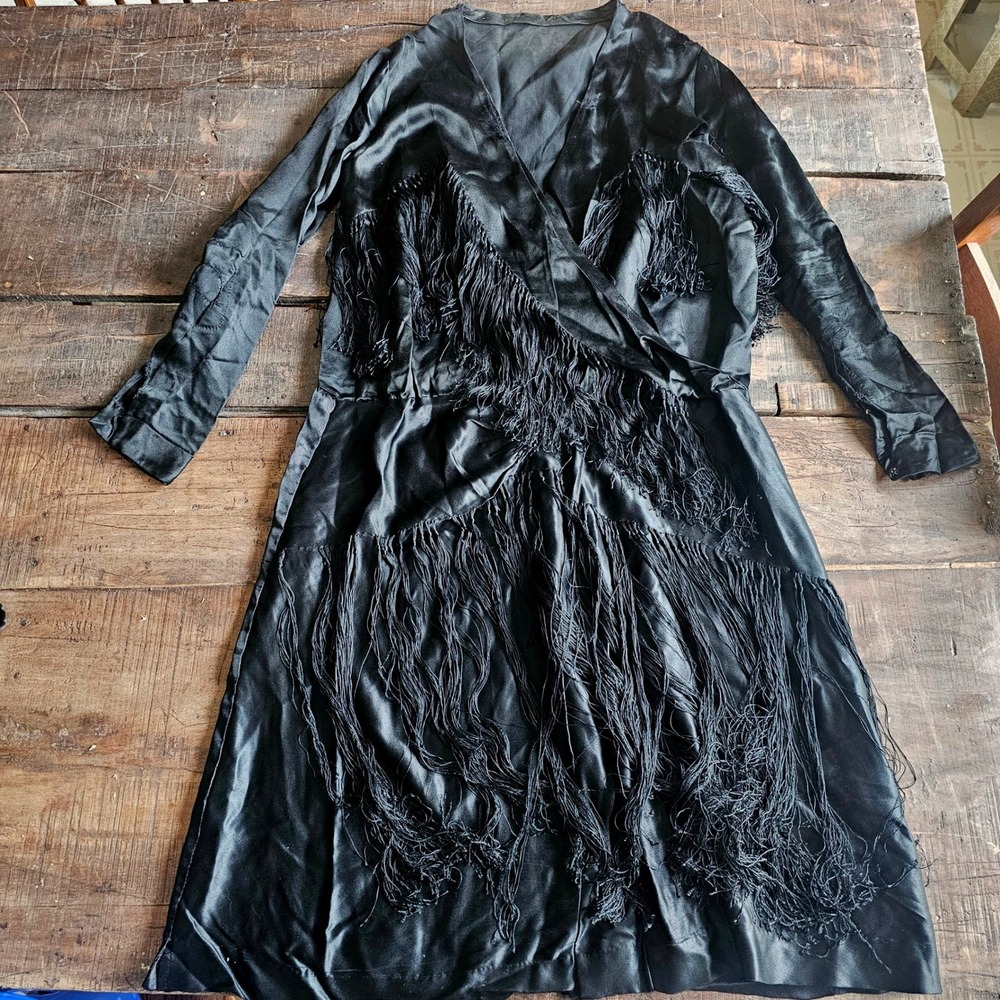 Antique Black Silky Flapper 20s 1920s Art Deco Dress W Fringe Tassels RARE AS IS